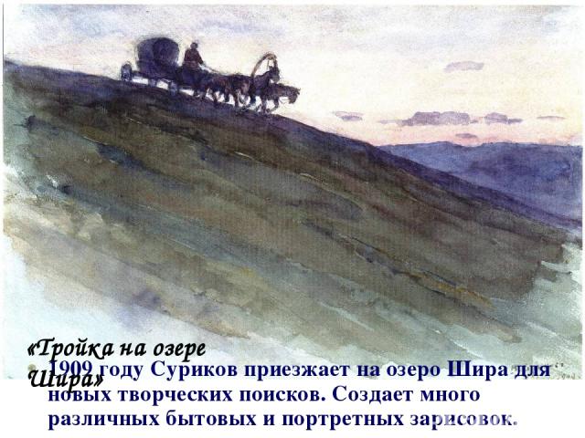 1909 году Суриков приезжает на озеро Шира для новых творческих поисков. Создает много различных бытовых и портретных зарисовок. «Тройка на озере Шира»
