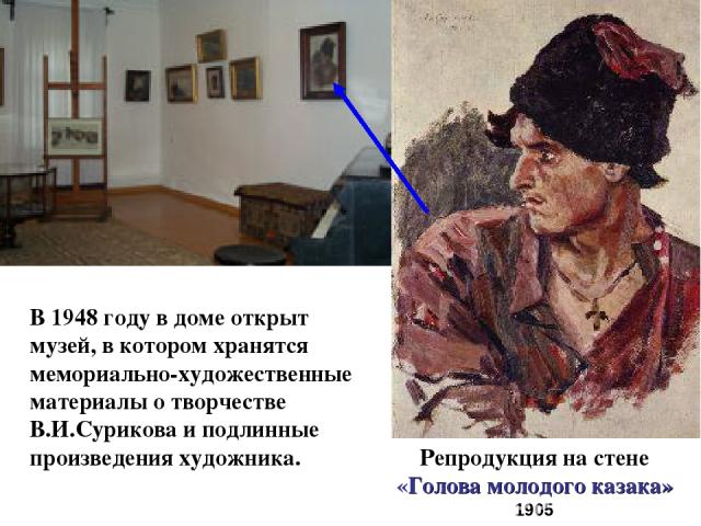 Репродукция на стене «Голова молодого казака» 1905 В 1948 году в доме открыт музей, в котором хранятся мемориально-художественные материалы о творчестве В.И.Сурикова и подлинные произведения художника.