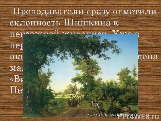 Преподаватели сразу отметили склонность Шишкина к пейзажной живописи. Уже в первый год пребывания в академии ему была присуждена малая серебряная медаль за «Вид в окрестностях Петербурга».