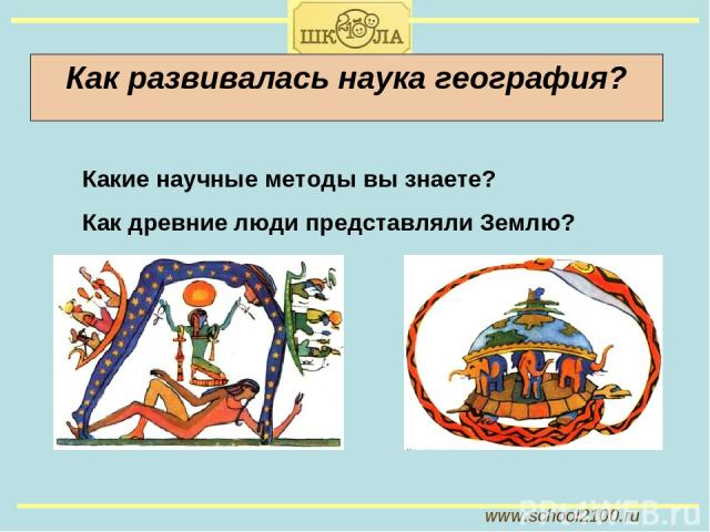 www.school2100.ru Как развивалась наука география? Какие научные методы вы знаете? Как древние люди представляли Землю?