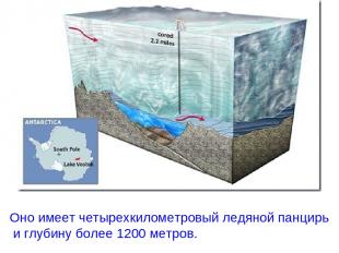 Оно имеет четырехкилометровый ледяной панцирь и глубину более 1200 метров.