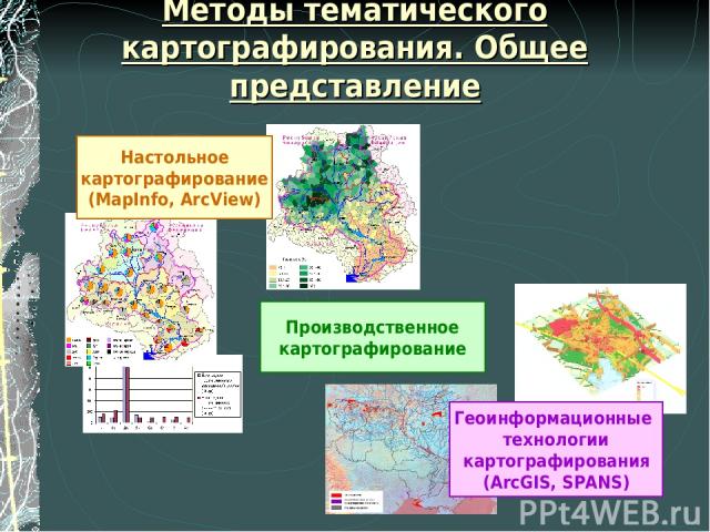 Методы тематического картографирования. Общее представление Производственное картографирование Геоинформационные технологии картографирования (ArcGIS, SPANS) Настольное картографирование (MapInfo, ArcView)