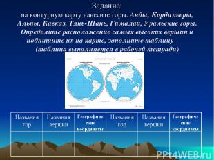 Задание: на контурную карту нанесите горы: Анды, Кордильеры, Альпы, Кавказ, Тянь