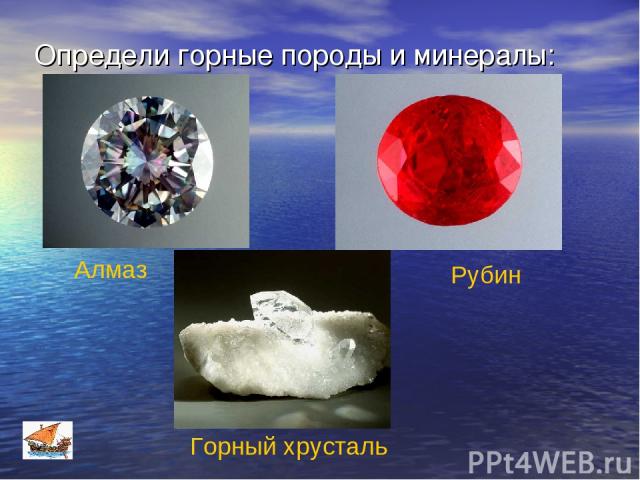 Определи горные породы и минералы: Алмаз Горный хрусталь Рубин
