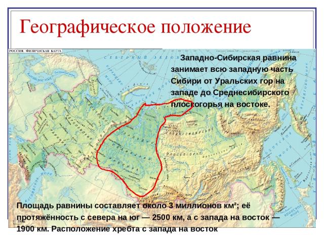 Географическое положение Площадь равнины составляет около 3 миллионов км²; её протяжённость с севера на юг — 2500 км, а с запада на восток — 1900 км. Расположение хребта с запада на восток Западно-Сибирская равнина занимает всю западную часть Сибири…