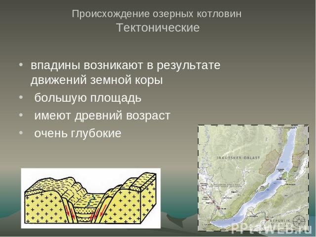 Происхождение озерных котловин Тектонические впадины возникают в результате движений земной коры большую площадь имеют древний возраст очень глубокие