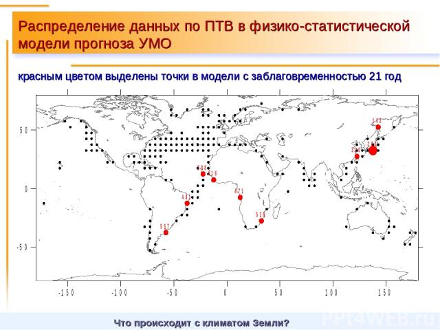 Распределение данных по ПТВ в физико-статистической модели прогноза УМО красным цветом выделены точки в модели с заблаговременностью 21 год Что происходит с климатом Земли?