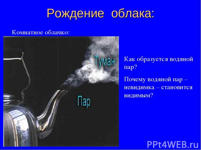 Рождение облака: Комнатное облачко: Как образуется водяной пар? Почему водяной пар – невидимка – становится видимым?