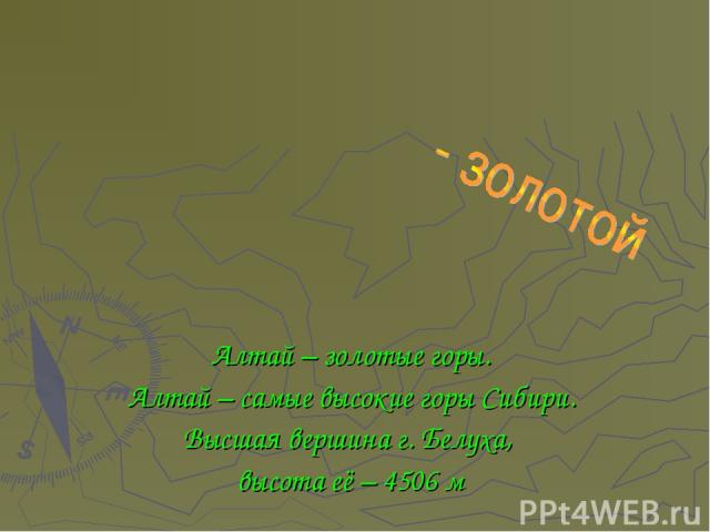 Алтай – золотые горы. Алтай – самые высокие горы Сибири. Высшая вершина г. Белуха, высота её – 4506 м