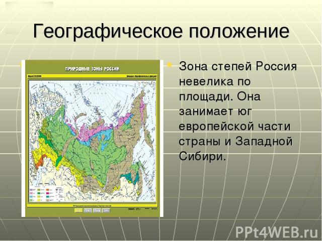 Географическое положение Зона степей Россия невелика по площади. Она занимает юг европейской части страны и Западной Сибири.