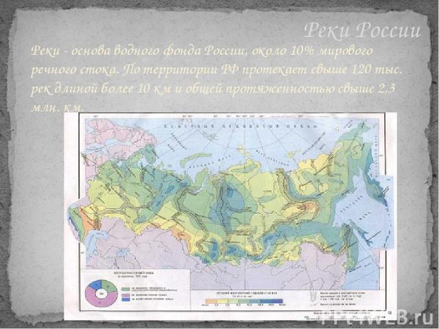 Реки - основа водного фонда России, около 10% мирового речного стока. По территории РФ протекает свыше 120 тыс. рек длиной более 10 км и общей протяженностью свыше 2,3 млн. км. Реки России