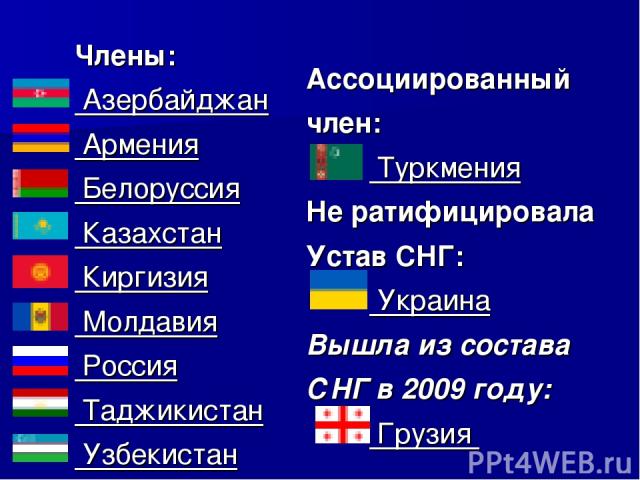 Члены:  Азербайджан  Армения  Белоруссия  Казахстан  Киргизия  Молдавия  Россия  Таджикистан  Узбекистан Ассоциированный член:  Туркмения Не ратифицировала Устав СНГ:  Украина Вышла из состава СНГ в 2009 году:  Грузия