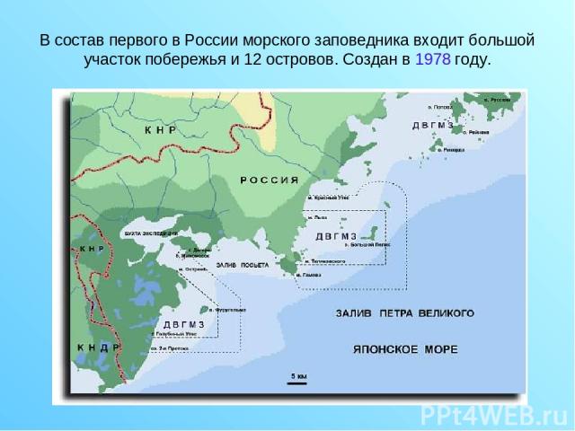 В состав первого в России морского заповедника входит большой участок побережья и 12 островов. Создан в 1978 году.