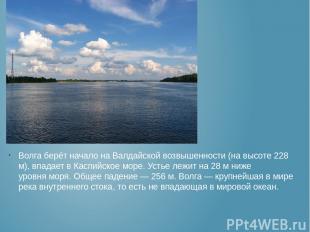 Волга берёт начало на Валдайской возвышенности (на высоте 228 м), впадает в Касп