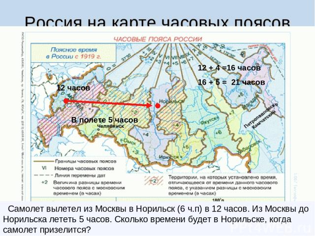 Россия на карте часовых поясов Самолет вылетел из Москвы в Норильск (6 ч.п) в 12 часов. Из Москвы до Норильска лететь 5 часов. Сколько времени будет в Норильске, когда самолет призелится? 12 часов В полете 5 часов 12 + 4 =16 часов 16 + 5 = 21 часов