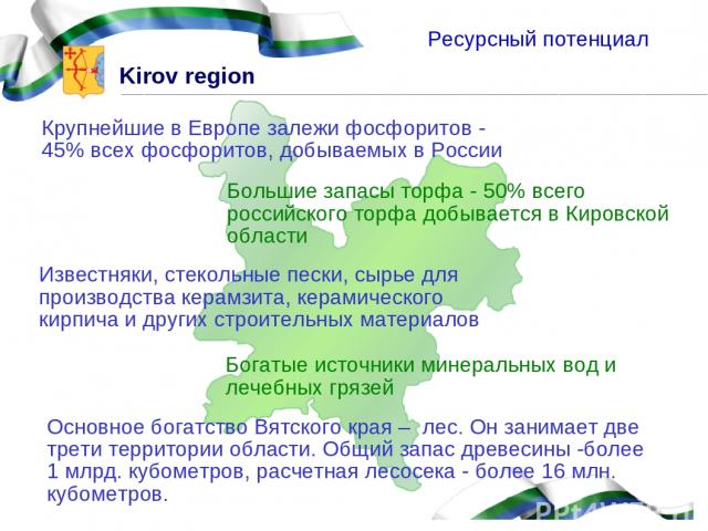 Ресурсный потенциал Крупнейшие в Европе залежи фосфоритов - 45% всех фосфоритов, добываемых в России Большие запасы торфа - 50% всего российского торфа добывается в Кировской области Известняки, стекольные пески, сырье для производства керамзита, ке…