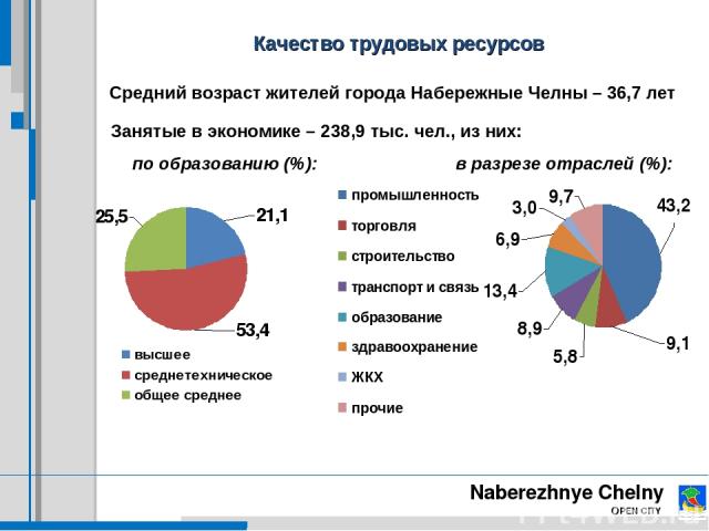 Naberezhnye Chelny OPEN CITY Качество трудовых ресурсов Средний возраст жителей города Набережные Челны – 36,7 лет Занятые в экономике – 238,9 тыс. чел., из них: в разрезе отраслей (%): по образованию (%):