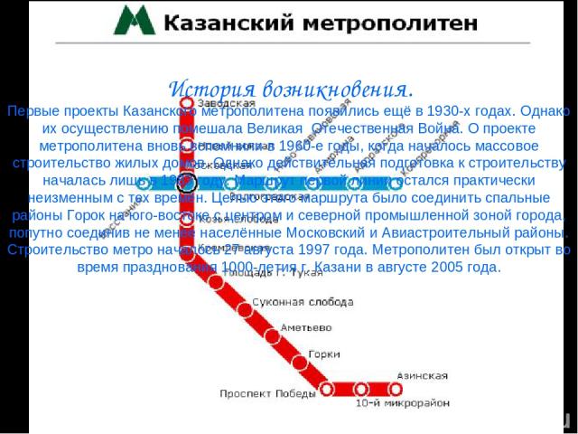 История возникновения. Первые проекты Казанского метрополитена появились ещё в 1930-х годах. Однако их осуществлению помешала Великая  Отечественная Война. О проекте метрополитена вновь вспомнили в 1960-е годы, когда началось массовое строительство …