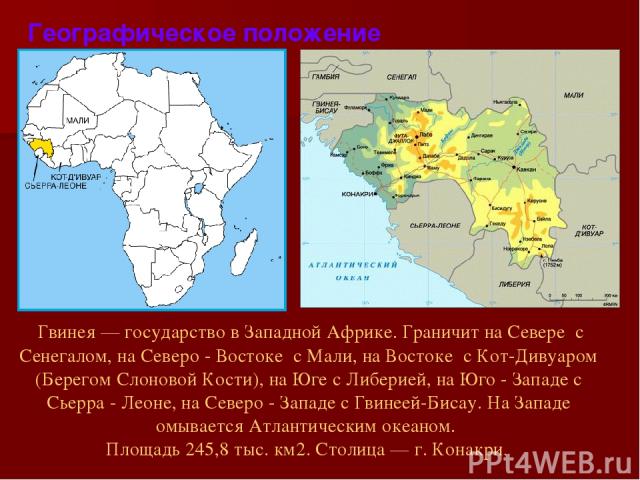 Географическое положение  Гвинея — государство в Западной Африке. Граничит на Севере с Сенегалом, на Северо - Востоке с Мали, на Востоке с Кот-Дивуаром (Берегом Слоновой Кости), на Юге с Либерией, на Юго - Западе с Сьерра - Леоне, на Северо - Западе…