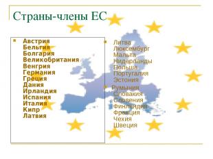 Страны-члены ЕС  Австрия  Бельгия  Болгария  Великобритания  Венгрия  Германия  