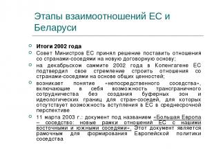 Этапы взаимоотношений ЕС и Беларуси Итоги 2002 года Совет Министров ЕС принял ре