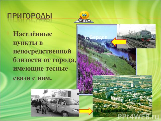 Населённые пункты в непосредственной близости от города, имеющие тесные связи с ним. г. Бердск п. Краснообск