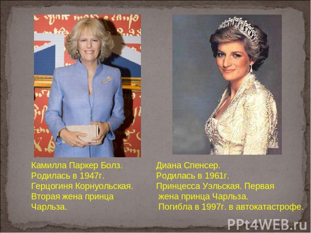 Камилла Паркер Болз. Родилась в 1947г. Герцогиня Корнуольская. Вторая жена принца Чарльза. Диана Спенсер. Родилась в 1961г. Принцесса Уэльская. Первая жена принца Чарльза. Погибла в 1997г. в автокатастрофе.