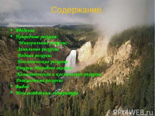 Содержание. Введение Природные ресурсы: Минеральные ресурсы; Земельные ресурсы;