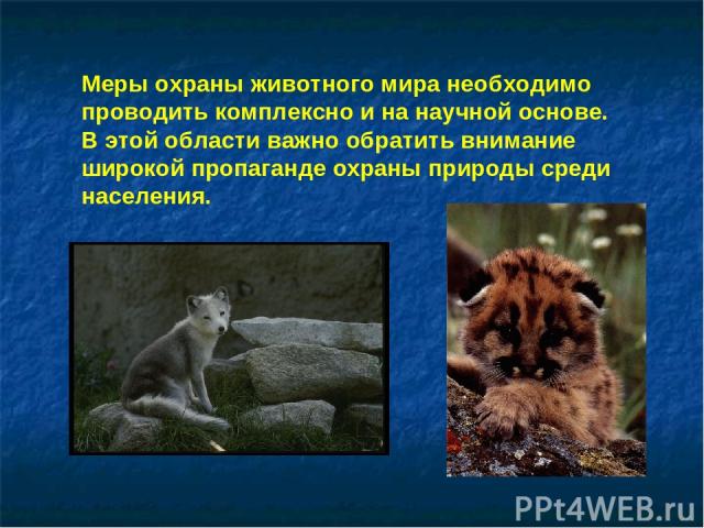 Меры охраны животного мира необходимо проводить комплексно и на научной основе. В этой области важно обратить внимание широкой пропаганде охраны природы среди населения.