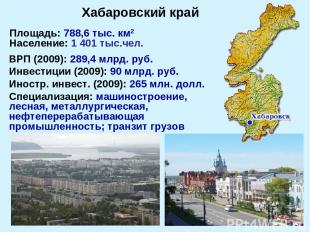 Площадь: 788,6 тыс. км2 Население: 1 401 тыс.чел. ВРП (2009): 289,4 млрд. руб. И
