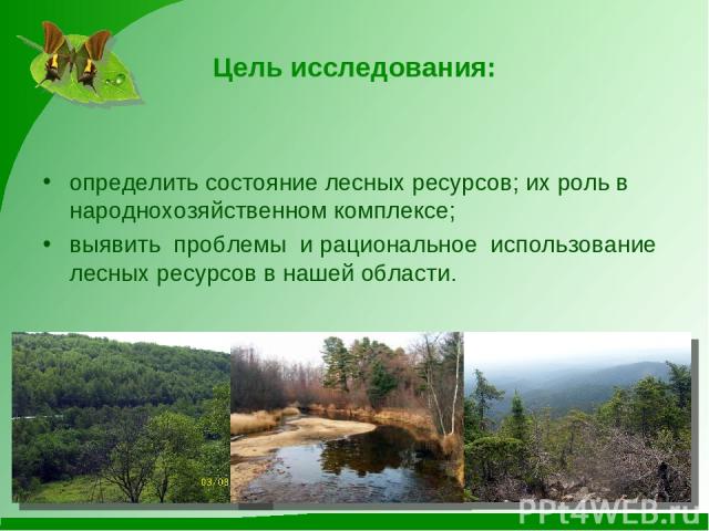 Цель исследования: определить состояние лесных ресурсов; их роль в народнохозяйственном комплексе; выявить проблемы и рациональное использование лесных ресурсов в нашей области.