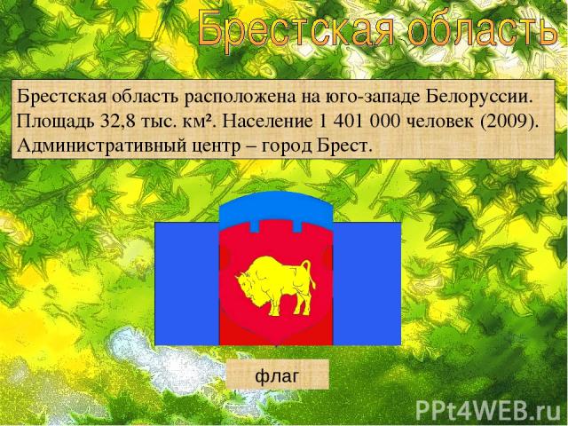 Брестская область расположена на юго-западе Белоруссии. Площадь 32,8 тыс. км². Население 1 401 000 человек (2009). Административный центр – город Брест. герб флаг
