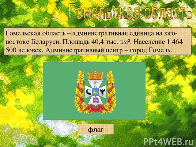 Гомельская область – административная единица на юго-востоке Беларуси. Площадь 40,4 тыс. км². Население 1 464 500 человек. Административный центр – город Гомель. герб флаг