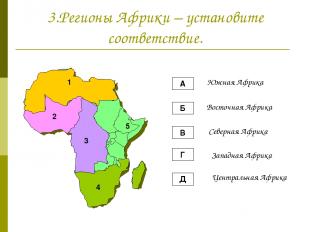3.Регионы Африки – установите соответствие. А Б В Г Д Южная Африка Восточная Афр