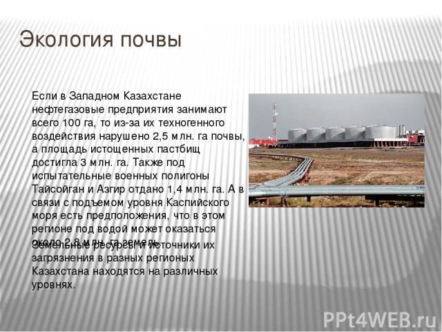 Экология почвы Если в Западном Казахстане нефтегазовые предприятия занимают всего 100 га, то из-за их техногенного воздействия нарушено 2,5 млн. га почвы, а площадь истощенных пастбищ достигла 3 млн. га. Также под испытательные военных полигоны Тайс…