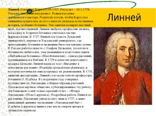Линней (Linnaeus) Карл (23.05.1707, Росхульт – 10.1.1778, Упсала), шведский нату