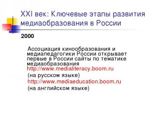 XXI век: Ключевые этапы развития медиаобразования в России 2000 Ассоциация киноо