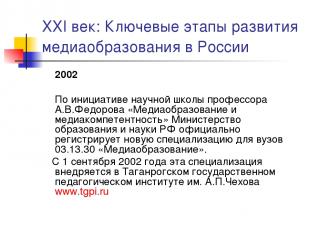 XXI век: Ключевые этапы развития медиаобразования в России 2002 По инициативе на