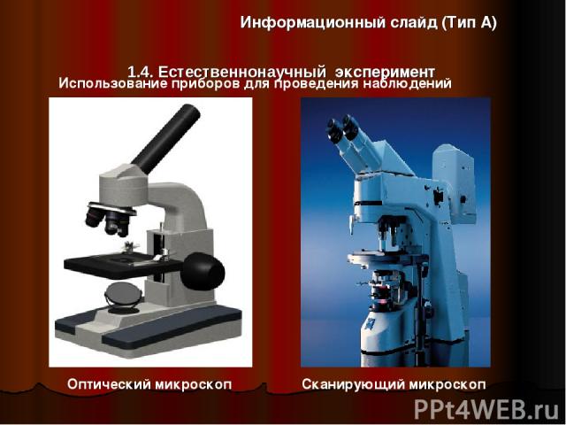 1.4. Естественнонаучный эксперимент Информационный слайд (Тип А) Использование приборов для проведения наблюдений Оптический микроскоп Сканирующий микроскоп