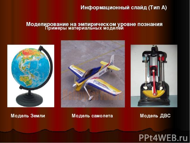 Моделирование на эмпирическом уровне познания Информационный слайд (Тип А) Примеры материальных моделей Модель Земли Модель ДВС Модель самолета
