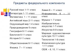 Предметы федерального компонента Русский язык 1-11 класс Литература 1- 11 класс