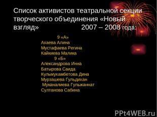 Список активистов театральной секции творческого объединения «Новый взгляд» 2007