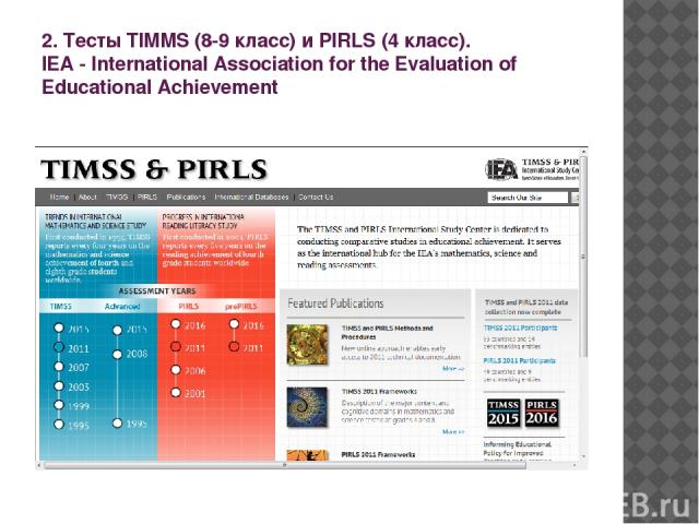 2. Тесты TIMMS (8-9 класс) и PIRLS (4 класс). IEA - International Association for the Evaluation of Educational Achievement