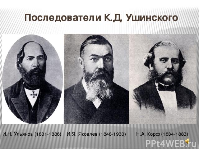 Последователи К.Д. Ушинского И.Н. Ульянов (1831-1886) И.Я. Яковлев (1848-1930) Н.А. Корф (1834-1883)