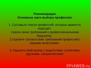 Рекомендации. Основные шаги выбора профессии : 1. Составьте список профессий, ко