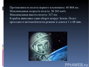 Протяженность полета первого космонавта: 40 868 км. Максимальная скорость полета