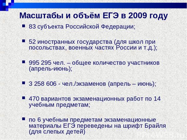 Масштабы и объём ЕГЭ в 2009 году 83 субъекта Российской Федерации; 52 иностранных государства (для школ при посольствах, военных частях России и т.д.); 995 295 чел. – общее количество участников (апрель-июнь); 3 258 606 - чел./экзаменов (апрель – ию…