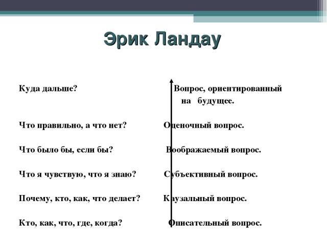 Эрик Ландау Куда дальше? Вопрос, ориентированный на будущее. Что правильно, а что нет? Оценочный вопрос. Что было бы, если бы? Воображаемый вопрос. Что я чувствую, что я знаю? Субъективный вопрос. Почему, кто, как, что делает? Каузальный вопрос. Кто…