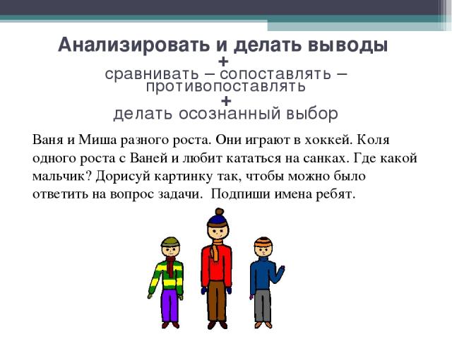 Анализировать и делать выводы + сравнивать – сопоставлять – противопоставлять + делать осознанный выбор Ваня и Миша разного роста. Они играют в хоккей. Коля одного роста с Ваней и любит кататься на санках. Где какой мальчик? Дорисуй картинку так, чт…