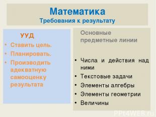 Математика Требования к результату УУД Ставить цель. Планировать. Производить ад